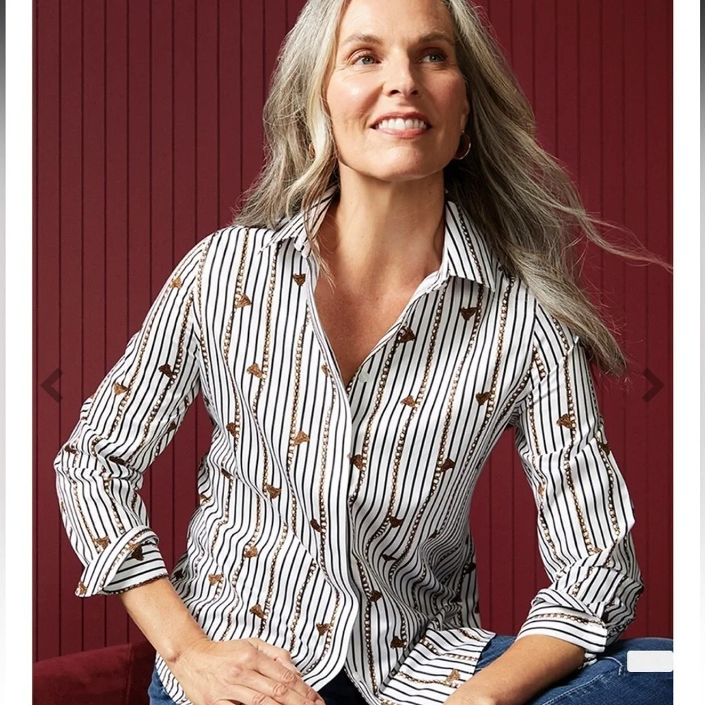 Chico's Sateen Tassel-Striped Cotton Shirt - Size 16